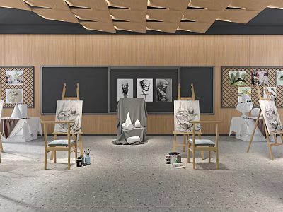 School Art Classroom With Drawing Easels Tables Chairs And Student Artwork 3d model