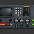 Vintage Control Panel With Screen Buttons Knobs Gauges Red PUSH Button And Green Indicator Lights