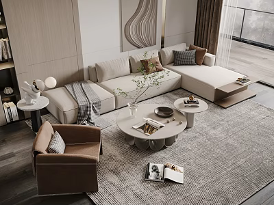 Modern Beige Sofa and Coffee Table Set with Round Table Armchair and Decorative Rug 3d model