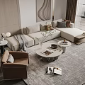 Modern Beige Sofa and Coffee Table Set with Round Table Armchair and Decorative Rug