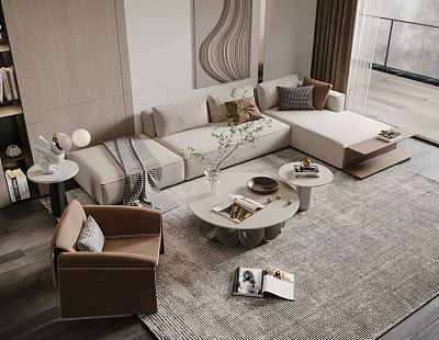 Modern Beige Sofa and Coffee Table Set with Round Table Armchair and Decorative Rug 3d model