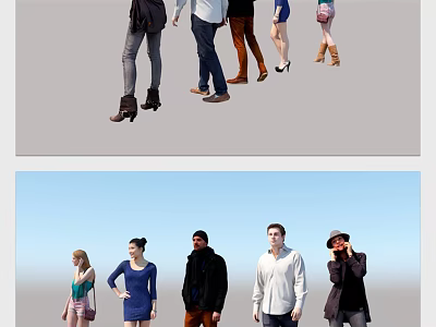 Group of People Walking and Standing in Various Outfits Under Blue Sky 3d model
