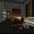 Modern Restaurant Interior Featuring Cylindrical Wooden Structures Staircases And Warm Lighting 3d model