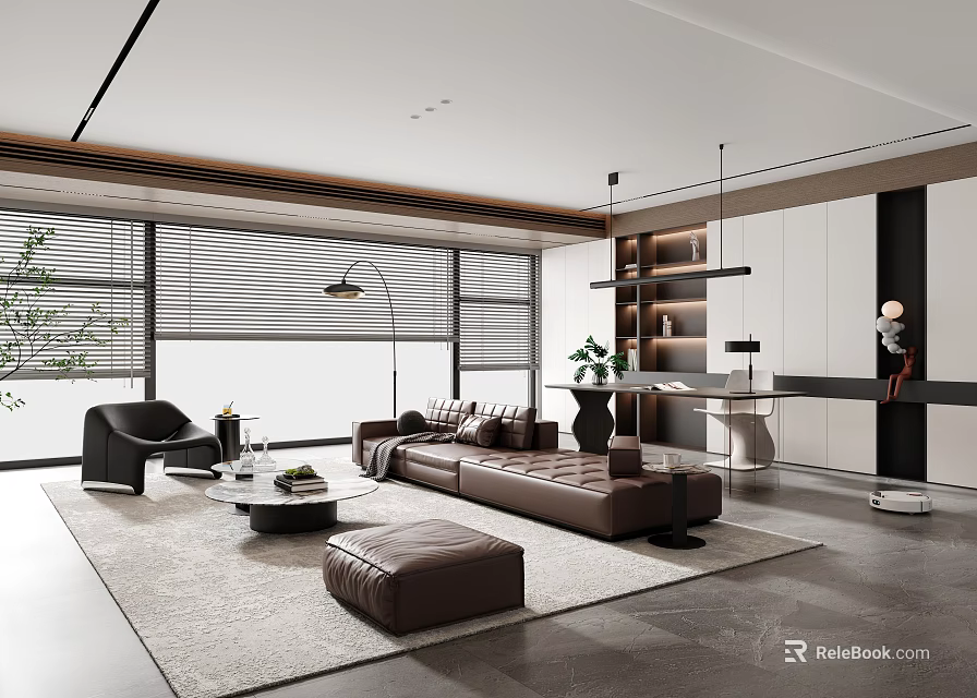 Modern Living Room Interior With Brown Sofa Black Armchair Window Blinds Floor Lamp And Rug 3d model 