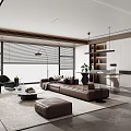 Modern Living Room Interior With Brown Sofa Black Armchair Window Blinds Floor Lamp And Rug