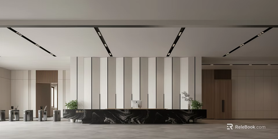 Modern Front Desk Reception Lobby With Black Marble Counter Striped Wall And Ceiling Lights 3d model 