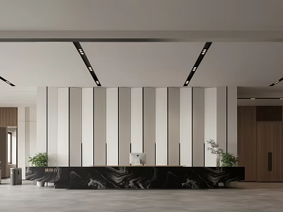Modern Front Desk Reception Lobby With Black Marble Counter Striped Wall And Ceiling Lights 3d model