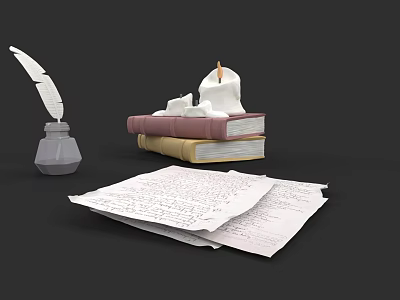 Intricate Miniature Carving with Inkwell Quill Pen Old Books and Papers with Writing 3d model