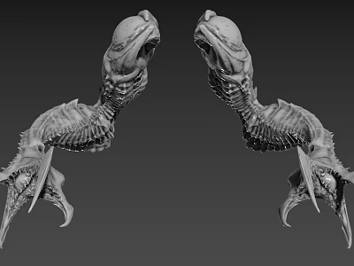 Symmetrical Alien Creature Characters 3D Model With Long Neck Open Mouth Skeletal Structure And Claws 3d model