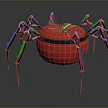 Red Tomato Shaped Object With Black Mechanical Spider Legs On Gray Surface