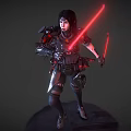 Game Movie Sci Fi Character With Long Black Hair In Armored Suit Wielding Red Lightsabers