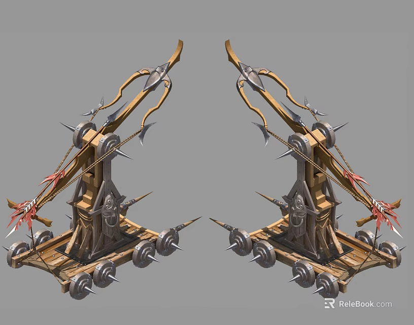 Ancient Symmetric Mechanical Siege Weapon With Wooden Metal Structure And Wheels 3d model 