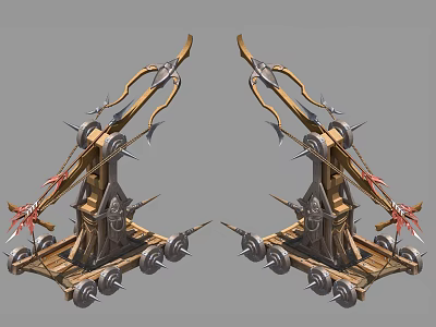 Ancient Symmetric Mechanical Siege Weapon With Wooden Metal Structure And Wheels 3d model