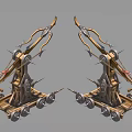 Ancient Symmetric Mechanical Siege Weapon With Wooden Metal Structure And Wheels