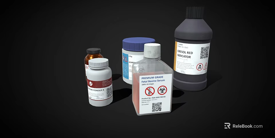 Labeled Medical Device Bottles For Laboratory Protection With Safety Seals And Scientific Labels 3d model 