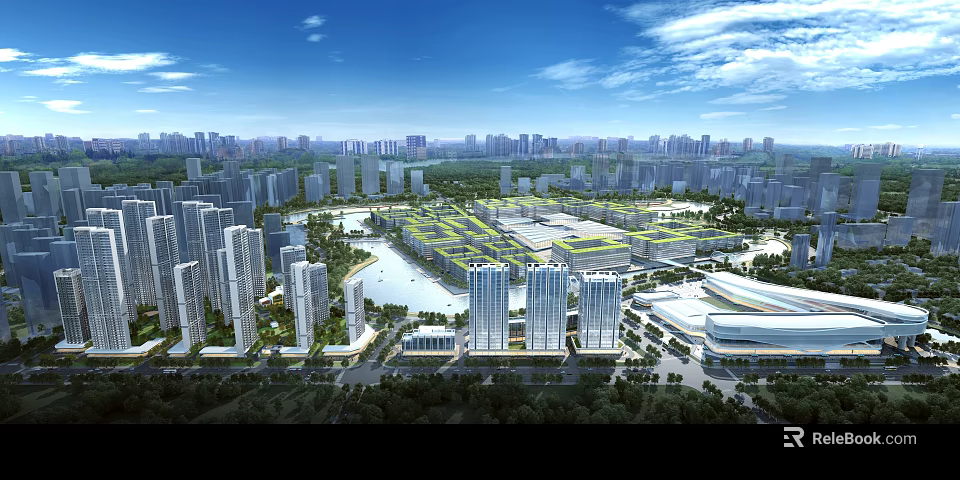 Urban Aerial Planning with High Rise Buildings Green Spaces and Water Areas 3d model 