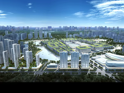 Urban Aerial Planning with High Rise Buildings Green Spaces and Water Areas 3d model