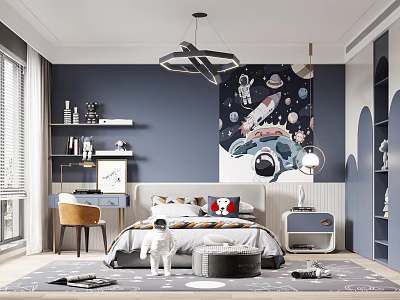 Space Themed Kids Room Interior With Astronaut Mural Planets Rocket And Dark Blue Walls 3d model