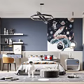Space Themed Kids Room Interior With Astronaut Mural Planets Rocket And Dark Blue Walls