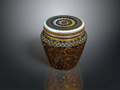 Artistic Hand Carved Decorative Jar With Intricate Patterns And Gold Accents 3d model