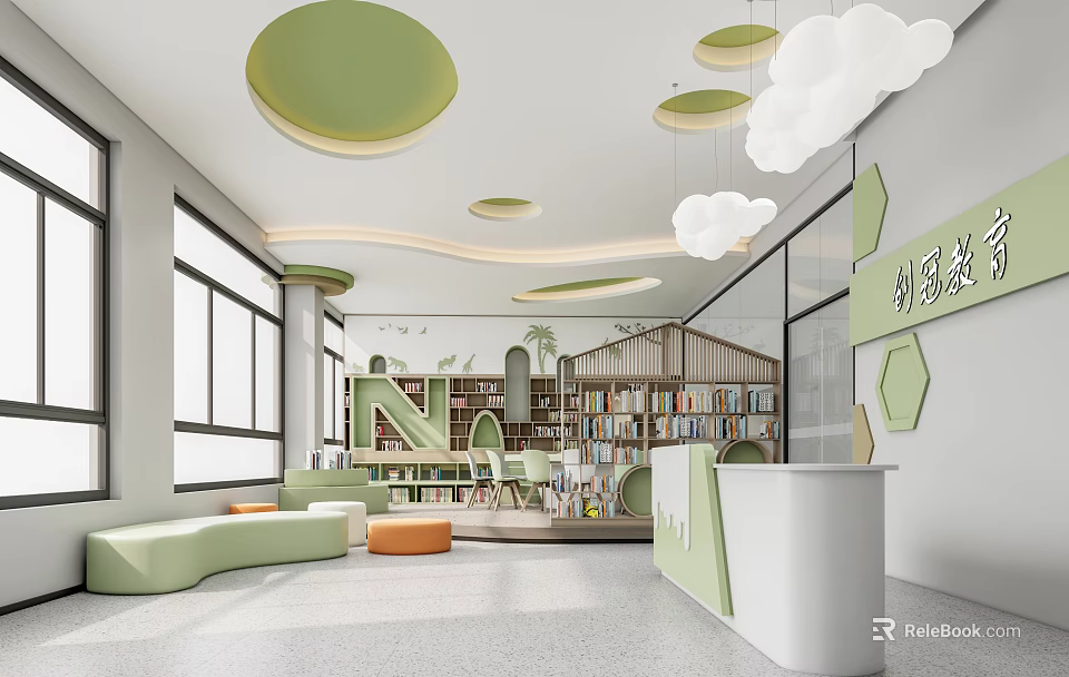 Bright Kindergarten Space with Green Circular Lights Cloud Decor Slide Bookshelves and Sofas 3d model 