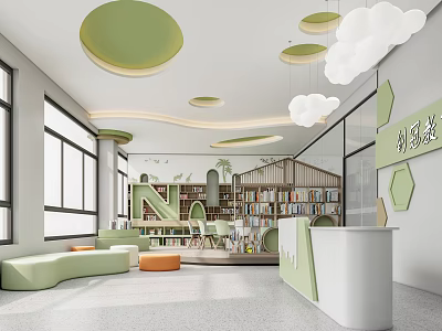 Bright Kindergarten Space with Green Circular Lights Cloud Decor Slide Bookshelves and Sofas 3d model