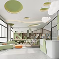 Bright Kindergarten Space with Green Circular Lights Cloud Decor Slide Bookshelves and Sofas 3d model
