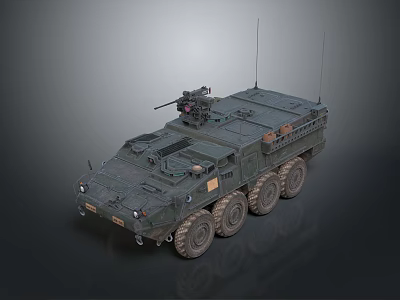 Armored Military Vehicle With 6x6 Wheels Roof Mounted Weapon And Communication Antennas 3d model