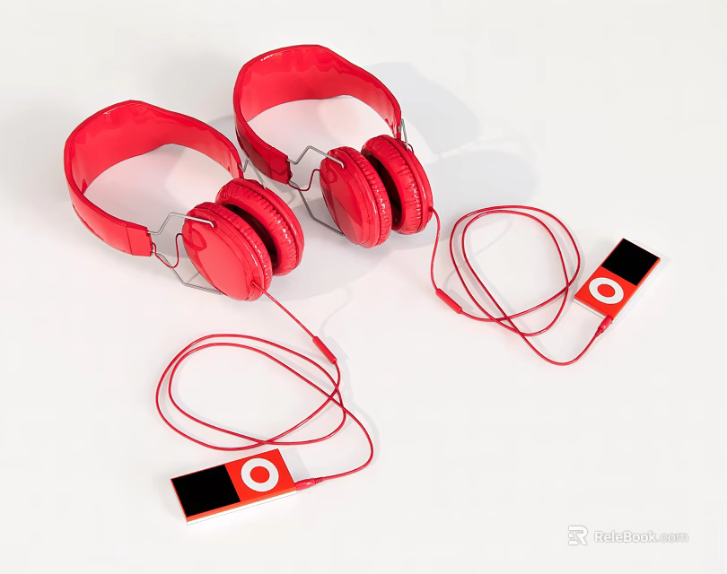 Red Over Ear Headphones With Connected MP3 Players On White Background 3d model 