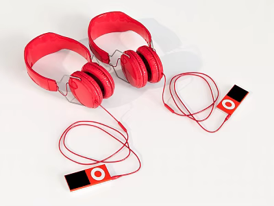 Red Over Ear Headphones With Connected MP3 Players On White Background 3d model