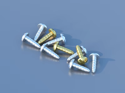Scattered Silver And Gold Screws As Household Items On Blue Background 3d model