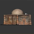 Ancient Architecture Model Featuring Red Brick Structure Dome Roof Square Base Arched Doorway And Columns