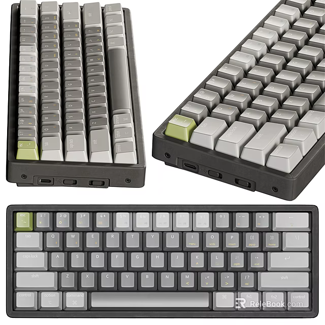Computer Keyboard With Gray White Keys Green Accents Multiple Angles And Port Details 3d model