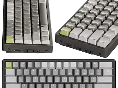 Computer Keyboard With Gray White Keys Green Accents Multiple Angles And Port Details 3d model