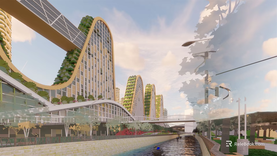 Modern Curved Office Towers With Vertical Greenery Alongside River And Pedestrian Walkway 3d model 