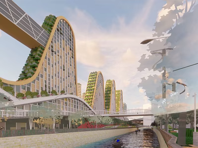 Modern Curved Office Towers With Vertical Greenery Alongside River And Pedestrian Walkway 3d model
