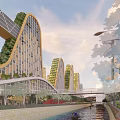 Modern Curved Office Towers With Vertical Greenery Alongside River And Pedestrian Walkway