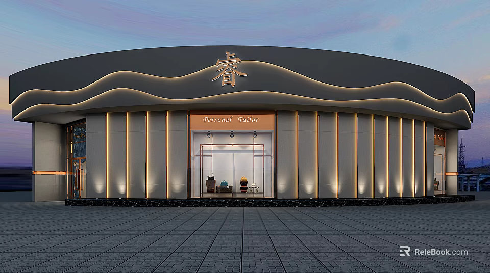 Modern Storefront With Curved Roof Golden Lines Gray Exterior Chinese Rui Sign Glass Door Lighting 3d model 