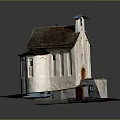 Village Church Model Featuring White Walls Brown Roof Bell Tower Red Door And Green Grass