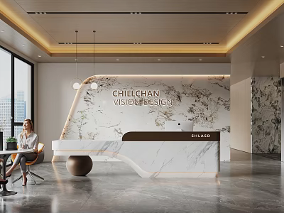 Modern Marble Reception Desk Interior With Woman Large Windows And Pendant Lights Design 3d model