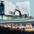 Modern Commercial Street With Tall Buildings Night Lighting And Busy Shopping Area