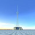 Steel Tower Structure With Open Plaza And Blue Sky Background At Sunset