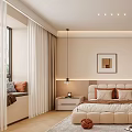 Neutral Bedroom Interior Design With Beige Upholstered Bed Framed Artwork LED Lighting And Area Rug