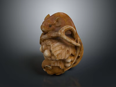 Intricate Handcrafted Rat Carving With Detailed Leaves And Fruits Decorative Art Piece 3d model
