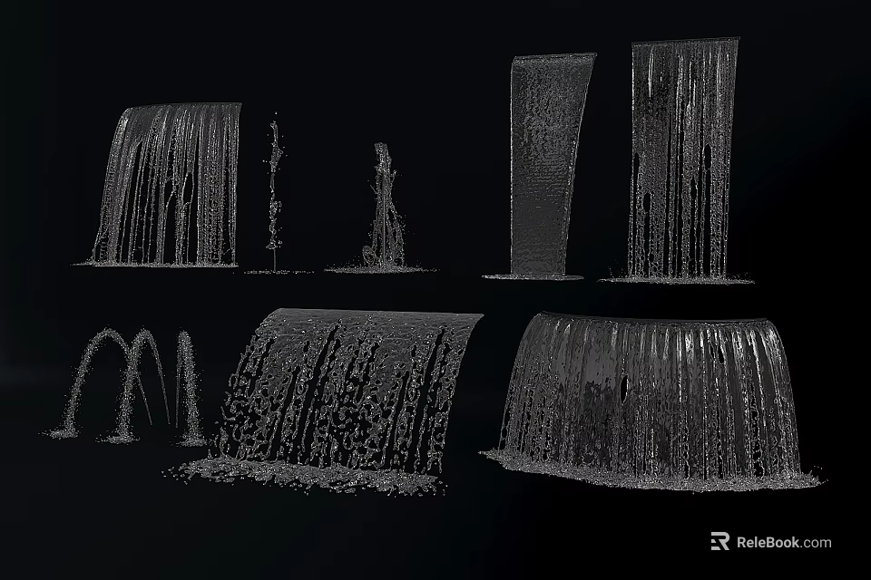 Different Types of Water Fountains Featuring Waterfall Column and Spray Designs 3d model 