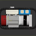 Compact Mechanical Equipment With Black Metal Frame Blue White Components And Red Accent
