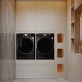 Modern Laundry Room Interior With Washing Machine Dryer Storage Cabinets And Polka Dot Tiled Wall