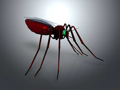 Realistic 3D Insect Model With Red Body Green Eyes And Long Legs On Gray Background 3d model