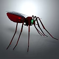 Realistic 3D Insect Model With Red Body Green Eyes And Long Legs On Gray Background