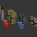 Various Colored Metal And Plastic Storage Barrels And Cans